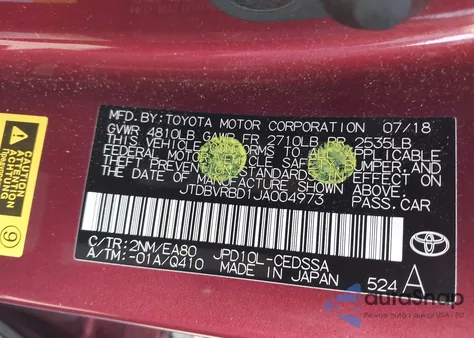 2018 Toyota Mirai from USA, damaged, VIN JTDBVRBD1JA004973